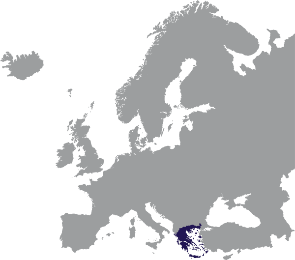 Griekenland aangegeven in donkerblauw op grijze kaart van Europa - op transparante achtergrond - 600 x 529 pixels